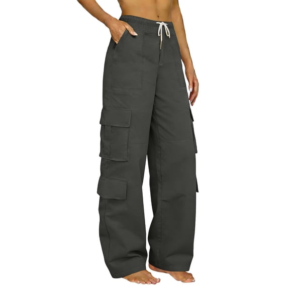 Cargo Pants Women High Waist Elastic Side Pocket Straight Loose Work Wide Leg Sweatpants Women Dark Gray L