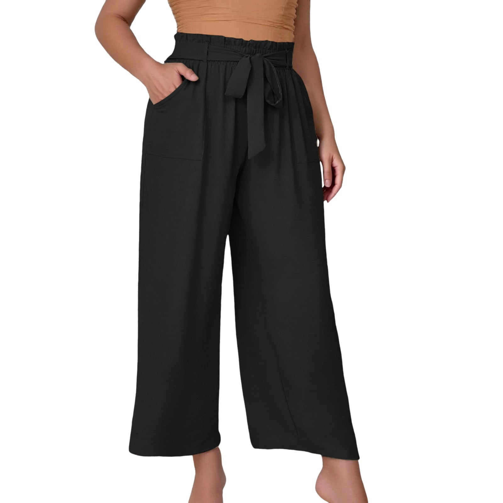 Tnnzeet Wide Leg Pants Women Capri Pants Potany Women's Casual Wide Leg Palazzo Pants High Waist Tie Knot Summer Flowy Beach Work Trousers Lounge Pants With Pockets Beach Pants For Women Chiffon