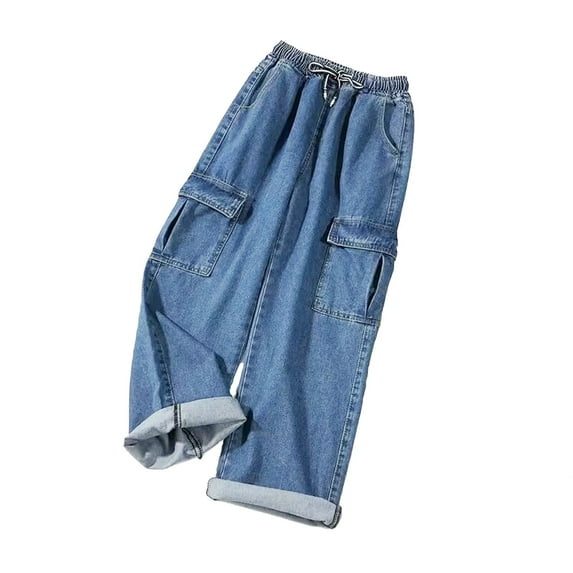 Cargo Pants Women High Waist Solid Loose Button Pant Pocket Washed Polished Waist Ripped Jeans Trousers High Waisted Wide Leg Pants Women Blue L
