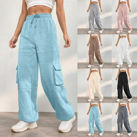 Cargo Pants Women High Waisted Parachute Pants with Pockets Wide Leg Sweatpants High Waisted Baggy Pants Fashion Teen Girl Drawstring Athletic Joggers (Beige,Large)