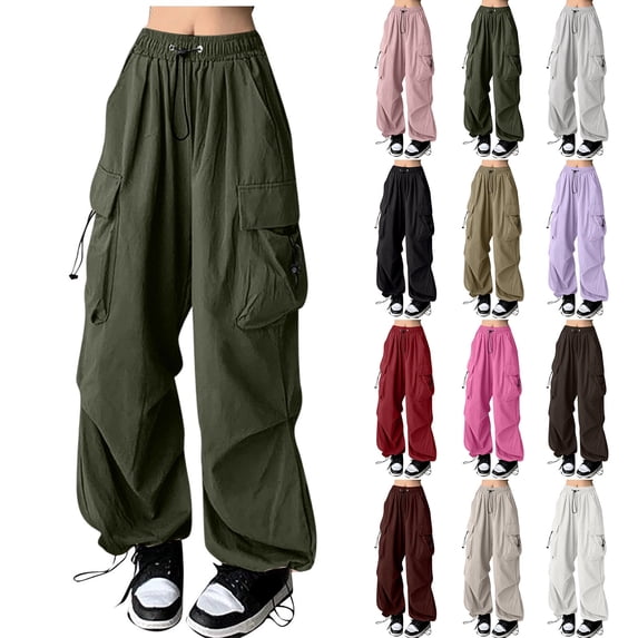 Cargo Pants Women High Waisted Wide Leg Baggy Parachute Pants Y2k Streetwear Casual Loose Fit Hiking Pant Army Green 3XL
