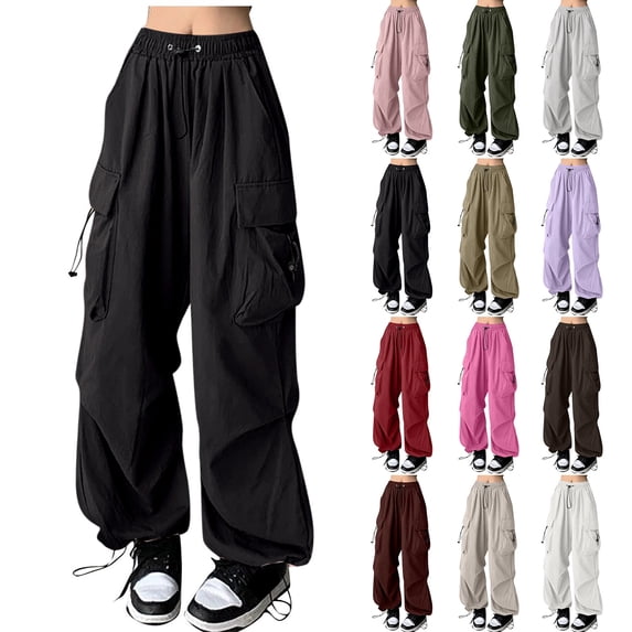 Cargo Pants Women High Waisted Wide Leg Baggy Parachute Pants Y2k Streetwear Casual Loose Fit Hiking Pant Black M