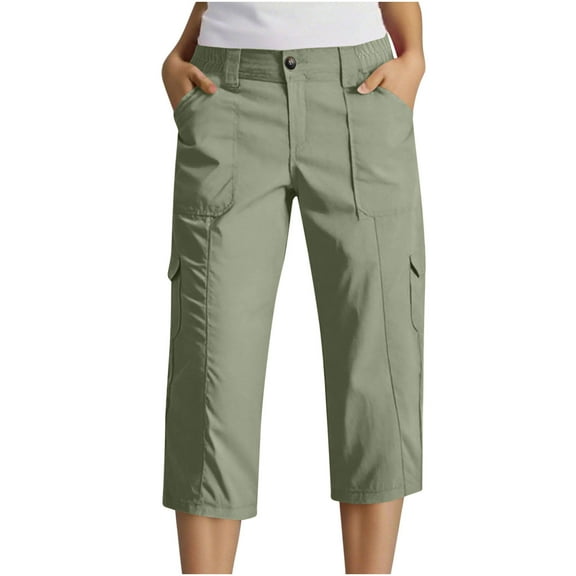 Cargo Pants Women High Waisted Women's Cargo Capris Pants with 6 Pockets Button Closure Lightweight Stretch Summer Casual Straight Travel Cropped Trousers Women's Plus