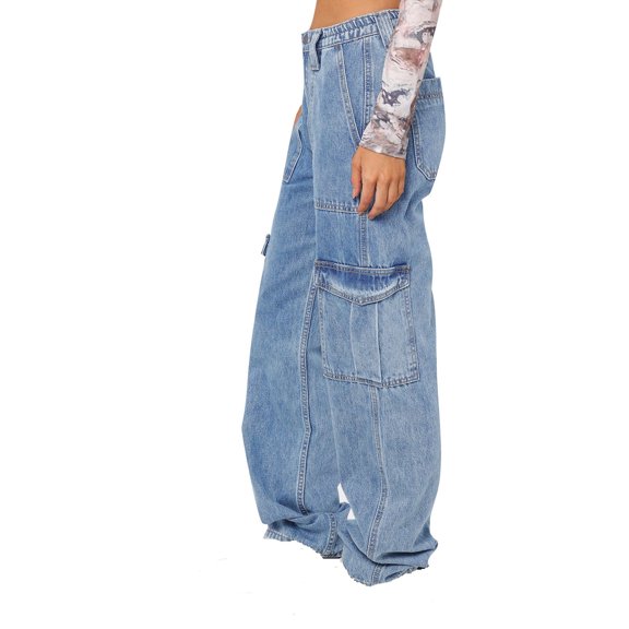 Cargo Pants Women Jeans Women's Casual Mid Waist Cargo Jeans Stretch Wide Leg Denim Pants with Pockets Jean Buttons for Loose Jeans S-16 Sky Blue XL