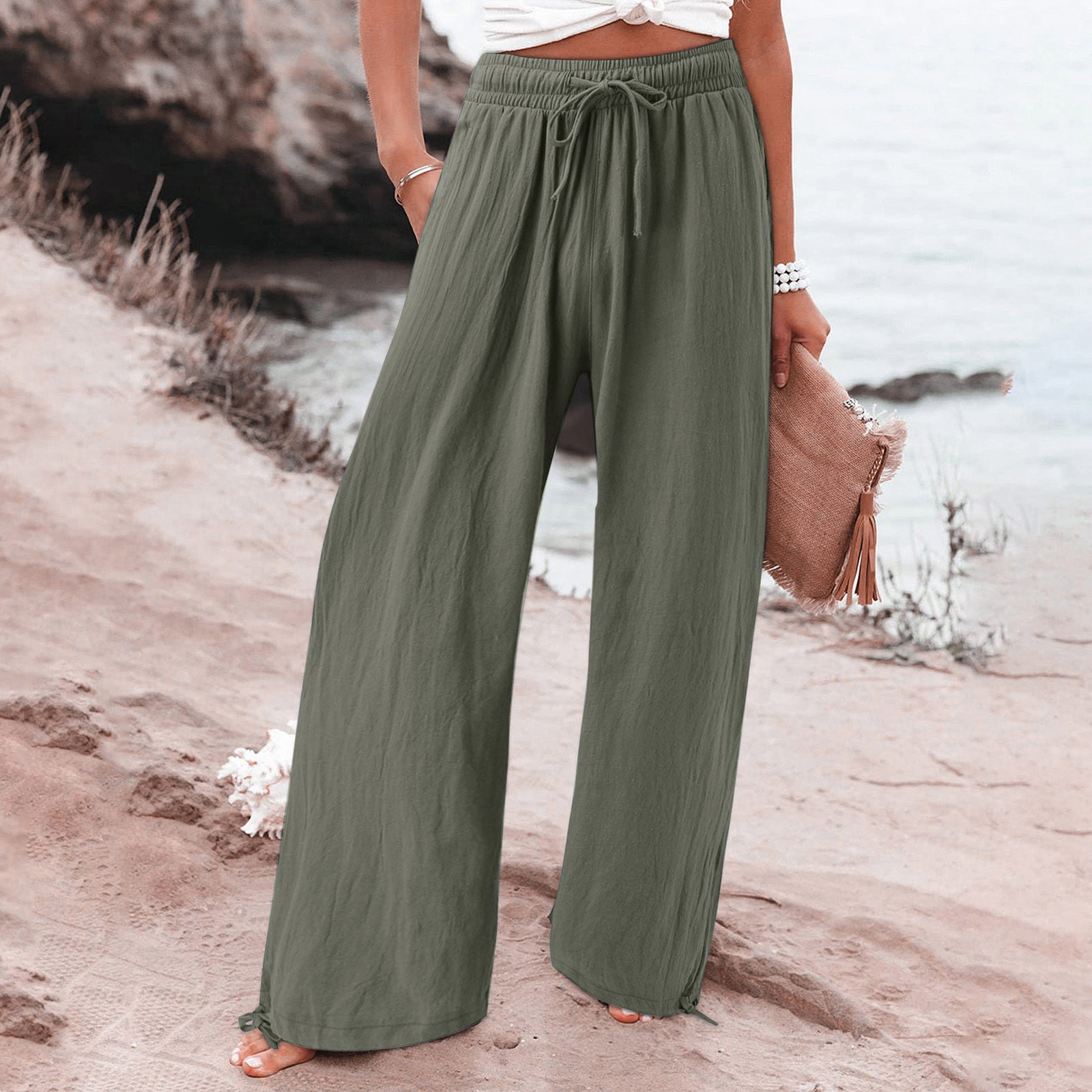 Cargo Pants Women Pant Casual Loose High Waist Cotton Linen Wide Leg