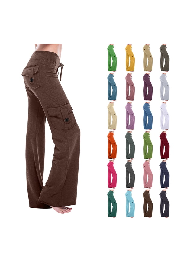 Cargo Pants Women Petite Size Elastic Waist Bootcut Yoga Workout Casual Trousers Coffee XL