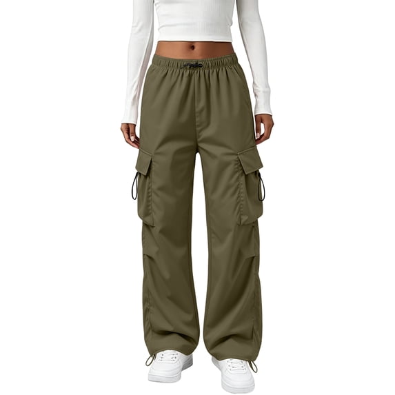 Cargo Pants Women Quick Dry Parachute Hiking Pants with Pockets Elastic Waist Lightweight Water Resistant Joggers Green S