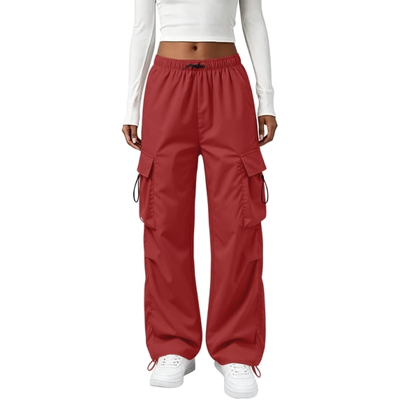 Cargo Pants Women Quick Dry Parachute Hiking Pants with Pockets Elastic Waist Lightweight Water Resistant Joggers Red M