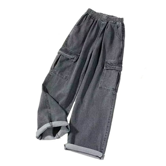 Cargo Pants Women Solid Loose Button Pant Pocket Washed Polished Waist Ripped Jeans Trousers High Waisted Pants Grey M