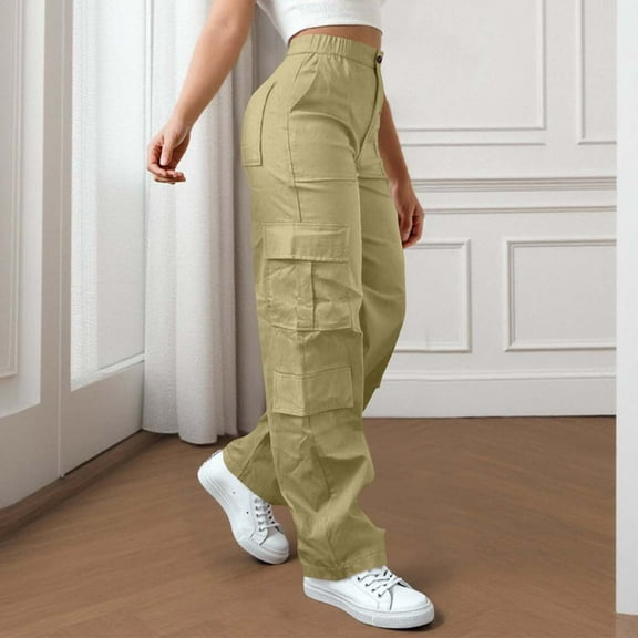 Cargo Pants Women Tactical Hiking Pants High Waisted Wide Leg Trousers Lightweight Work Pants with Multi Pockets Y2K Streetwear Outfits, Khaki M