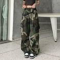 thumbnail image 1 of Cargo Pants Women Vintage Camo Straight Trousers Loose Wide Leg Fall Winter Casual Long Womens Pants Army Green L, 1 of 6