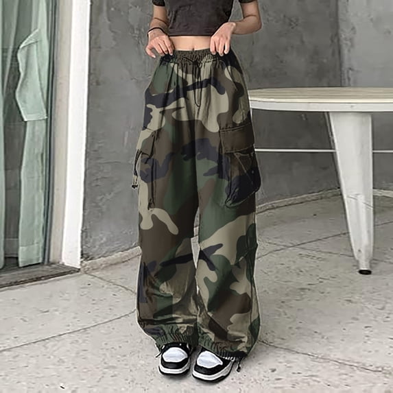 Cargo Pants Women Vintage Camo Straight Trousers Loose Wide Leg Fall Winter Casual Long Womens Pants Army Green L