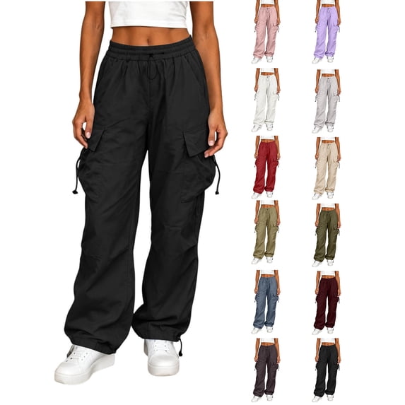 Cargo Pants Women Zaewscy Women Fashion Workwear Casual Pants Loose Straight-leg Big Pockets Adjustable Cuffs Long Pants Black XL