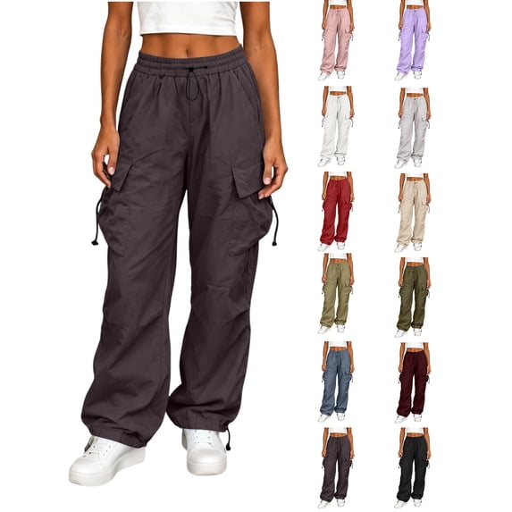 Cargo Pants Women Zaewscy Women Fashion Workwear Casual Pants Loose Straight-leg Big Pockets Adjustable Cuffs Long Pants Brown L