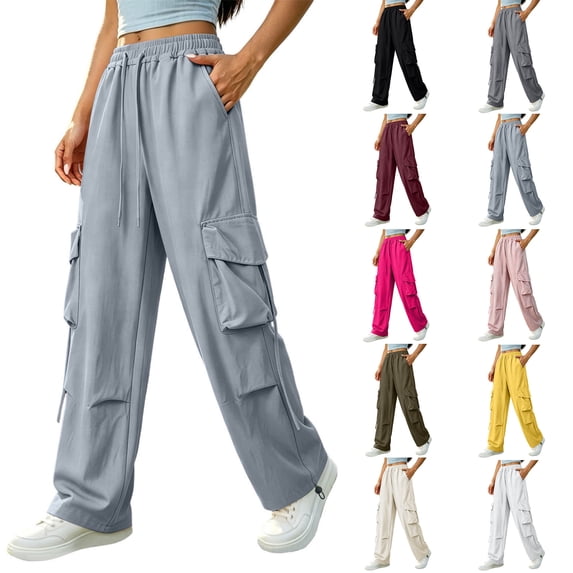 Cargo Pants Women Zaewscy Womens Summer Casual Fashion Solid Color Drying Work High Waist Straight Tube Series Wide Bandwidth Wide Leg Multi Pocket Pants Blue L