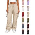 thumbnail image 1 of Cargo Pants Zaewscy Women Fashion Workwear Casual Pants Loose Straight-leg Big Pockets Adjustable Cuffs Long Pants Beige XXS, 1 of 7