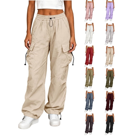 Cargo Pants Zaewscy Women Fashion Workwear Casual Pants Loose Straight-leg Big Pockets Adjustable Cuffs Long Pants Beige XXS