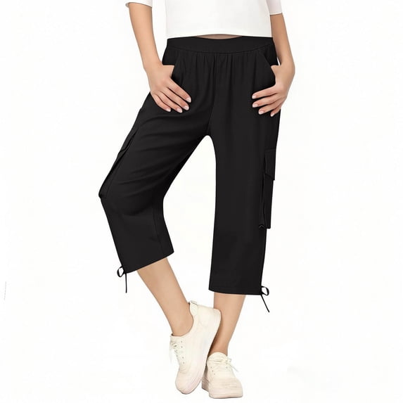 Cargo Pants for Boys Girls Lightweight Cotton Linen Capris Multi-pockets Elastic Waist Casual Summer Capri Pant (12-13 Years, Black)