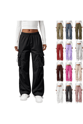 Cargo Pants for Girls Baggy Y2K Parachute Pants with Pockets Elastic Waist Wide Leg Casual Streetwear, S
