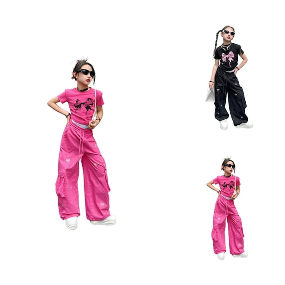 Cargo Pants for Girls Casual Wide Leg Trousers for Kids with Bow Embroidery Breathable Summer Comfort High Waisted Loose Fit Everyday School Play