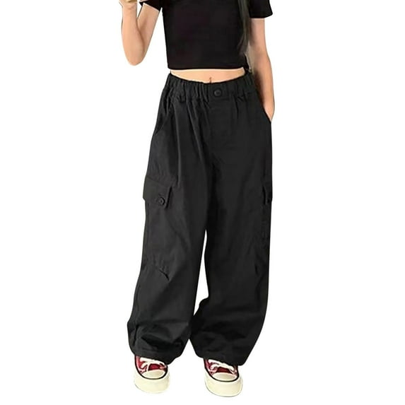 Kids Cargo Pants Girls Lightweight High Waisted Wide Leg Pants with Pockets Solid Color Baggy Pants for Girls 9-10 Years