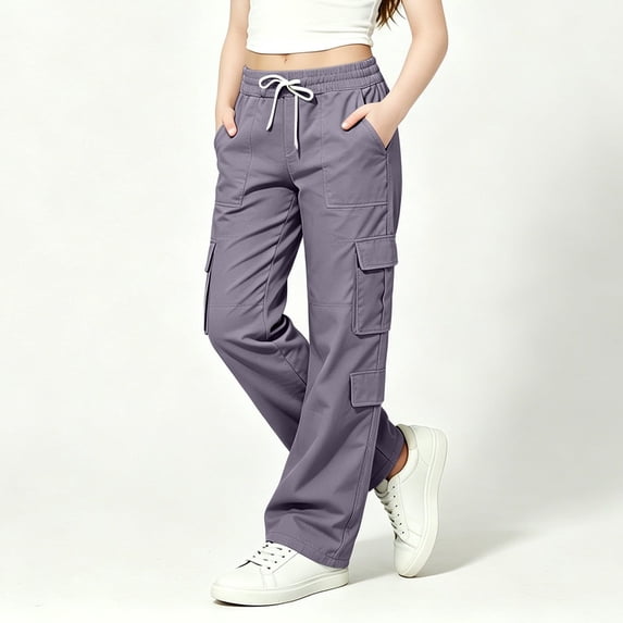 Cargo Pants for Girls Wide Leg High Waist Parachute Pants with Pockets & Drawstrings (Light Purple 5-6 Years)