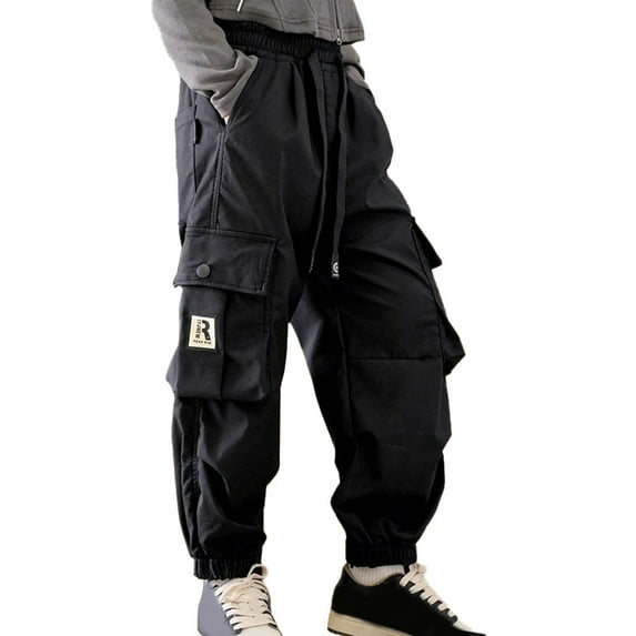 Cargo Pants for Kids Drawstring Loose Fit Boys Soild Color Girls Sweatpants with Pockets(120 3-4 Years,Black)