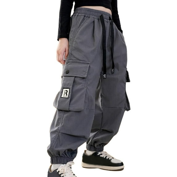 Cargo Pants for Kids Drawstring Loose Fit Boys Soild Color Girls Sweatpants with Pockets(130 5-6 Years,Dark Gray)