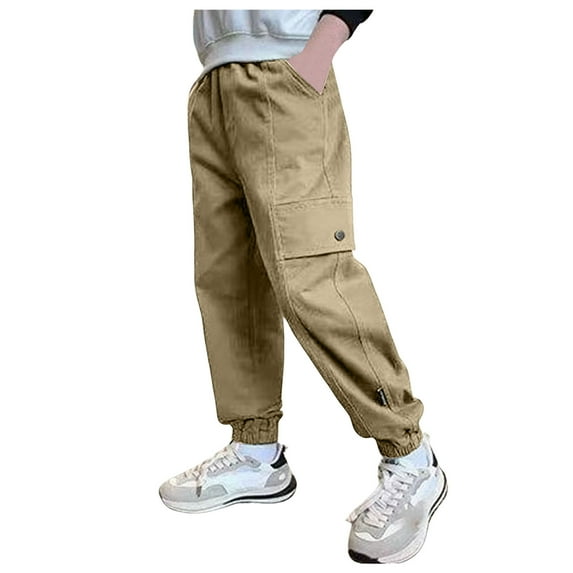 Cargo Pants for Kids Soild Color Elastic Waist Boys Cargo Pants Girls Trousers with Pockets(170 13-14 Years,Khaki)