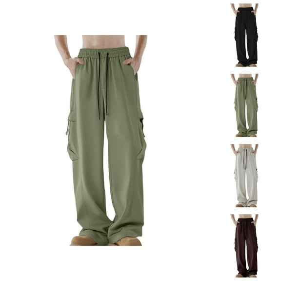 Cargo Pants for Men 2025 Elastic Waist Drawstring Slim Fit Wide Leg Parachute Pants with Pockets Mens Trousers