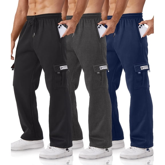Potopok Cargo Pants for Men 3 Pack Relaxed Fit Mens Joggers with Pockets,Fleece Hiking Tactical Workout Pants Casual