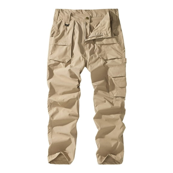 Cargo Pants for Men Baggy Casual Solid Color Straight Leg Pants Multi Pockets Lightweight Utility Streetwear Trousers Khaki 36