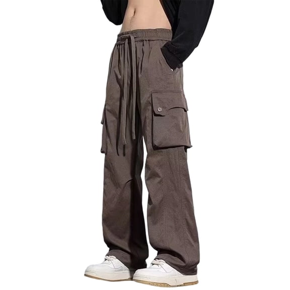 Cargo Pants for Men Baggy High Street Parachute Pants Summer Drawstring Wide Leg Lightweight Athletic Workout Joggers Brown S
