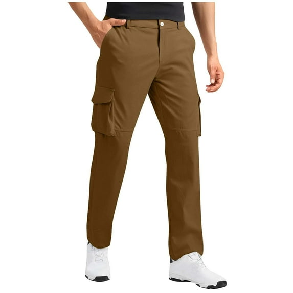 Cargo Pants for Men Big and Tall Solid-Color Casual Multi-Pocket Zipper Button Full Length Pants Jogging Sweatpants Pants Brown 2XL