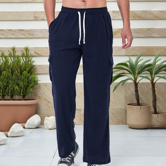 Cargo Pants for Men Breathable Corduroy Pants Slim Leg Elastic Waist Long Trouser with Drawstring Pockets