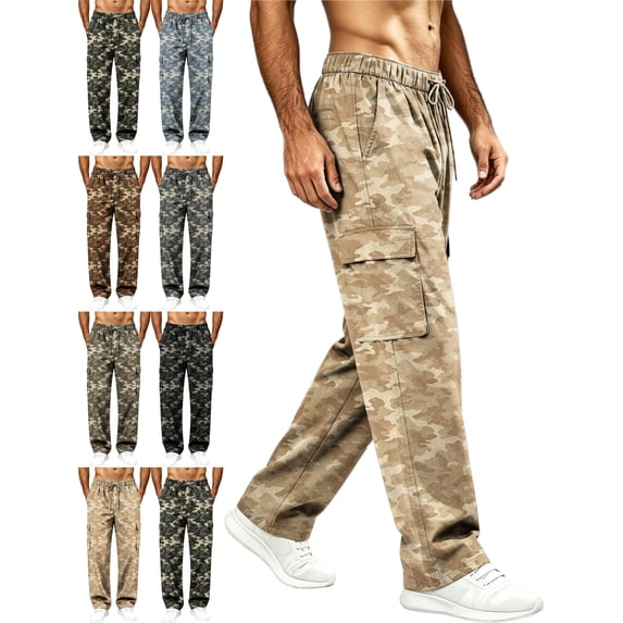 Cargo Pants for Men Camouflage Print Straight Leg Drawstring Elastic Waist Multiple Pockets Outdoor Pants