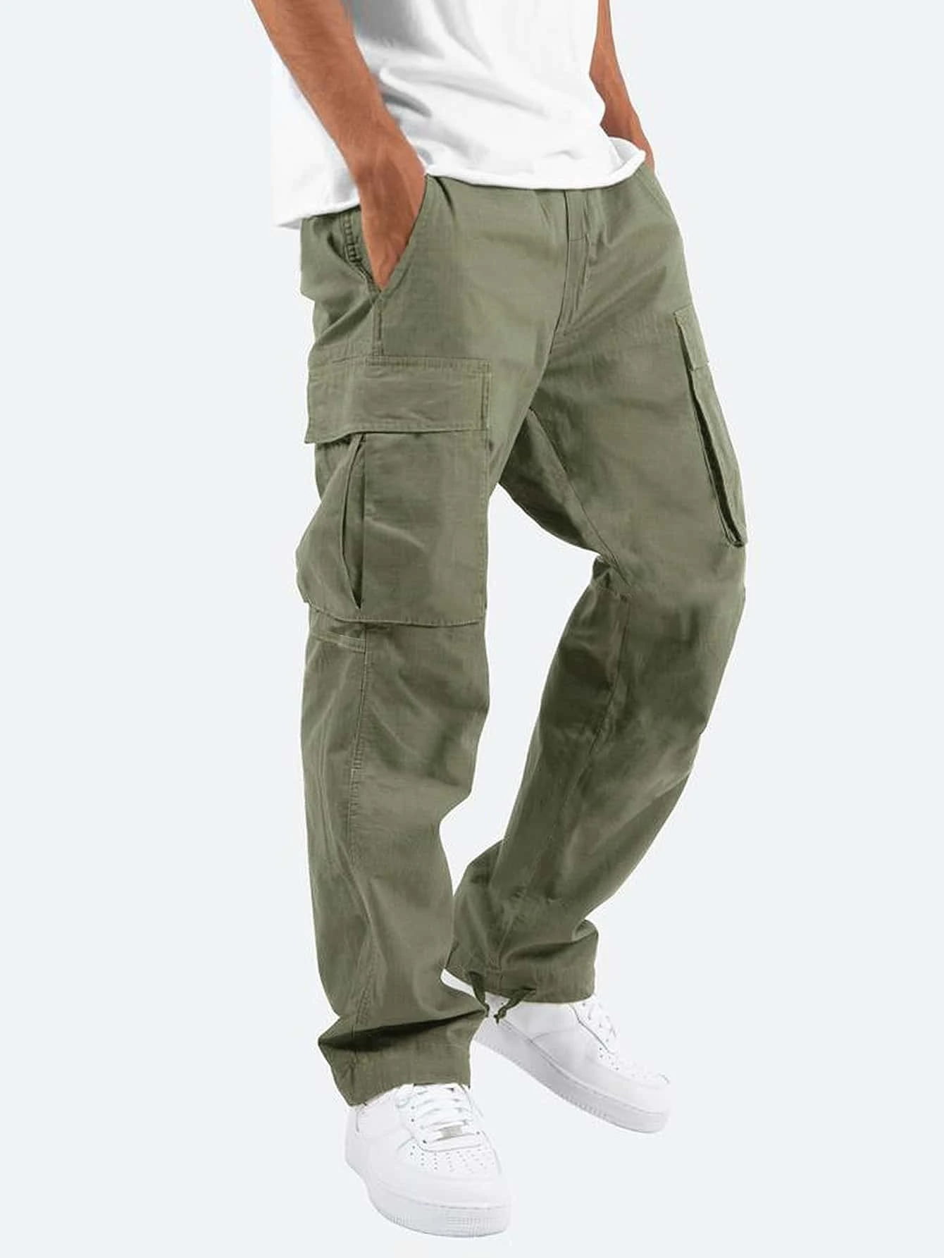 Men Comfy Workwear Cotton Linen-look Multi-pocket Casual Loose Baggy Long Cargo  Pants Trousers