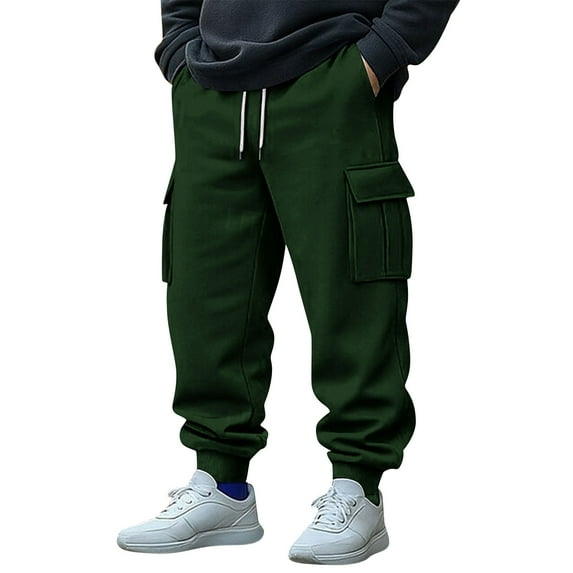 Cargo Pants for Men Casual Solid Color Jogger Sweatpants Elastic Waist Drawstring Joggers Trousers with Pockets, Green, S