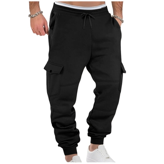 Cargo Pants for Men Elastic Waist Drawstring Cuffed Sweatpants with Pockets for Workout Black XL