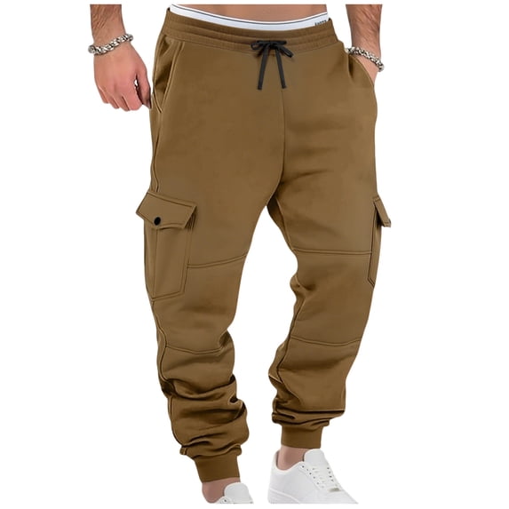 Cargo Pants for Men Elastic Waist Drawstring Cuffed Sweatpants with Pockets for Workout Brown S