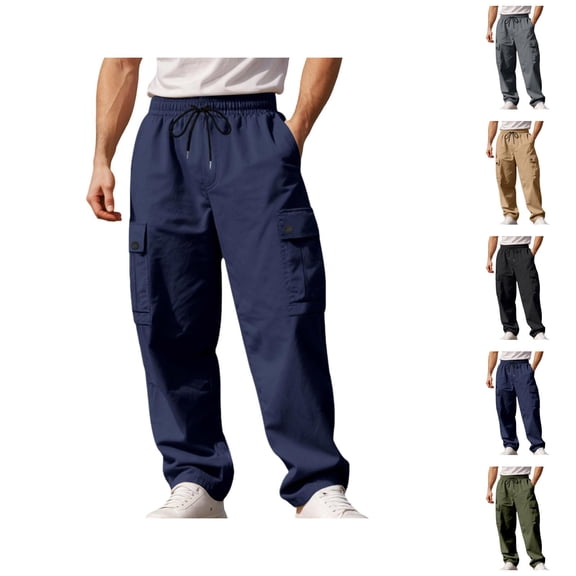 Cargo Pants for Men Elastic Waist Drawstring Loose Fit Straight Leg Casual Pants with Pockets Trousers