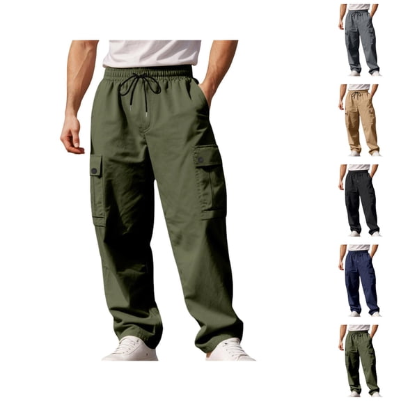 Cargo Pants for Men Elastic Waist Drawstring Loose Fit Straight Leg Casual Pants with Pockets Trousers