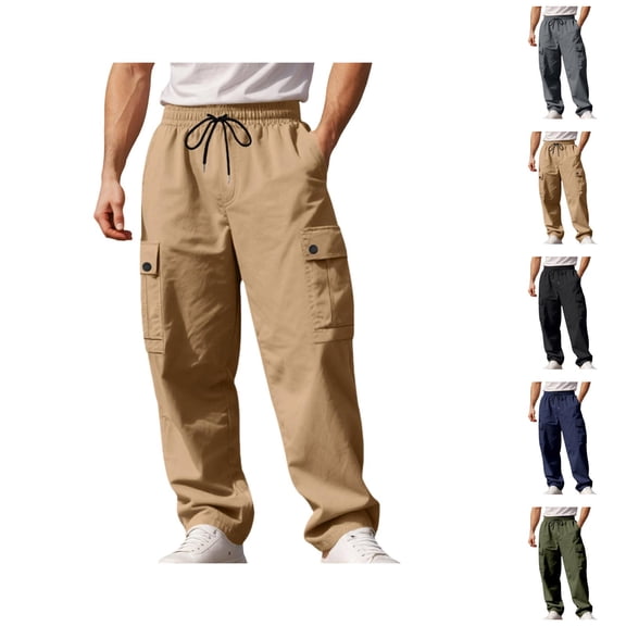 Cargo Pants for Men Elastic Waist Drawstring Loose Fit Straight Leg Casual Pants with Pockets Trousers