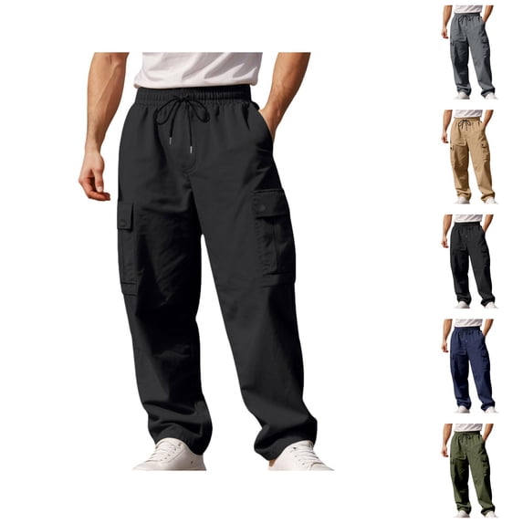 Cargo Pants for Men Elastic Waist Drawstring Loose Fit Straight Leg Casual Pants with Pockets Trousers