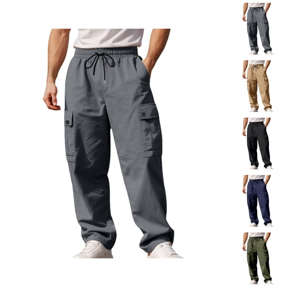 Cargo Pants for Men Elastic Waist Drawstring Loose Fit Straight Leg Casual Pants with Pockets Trousers