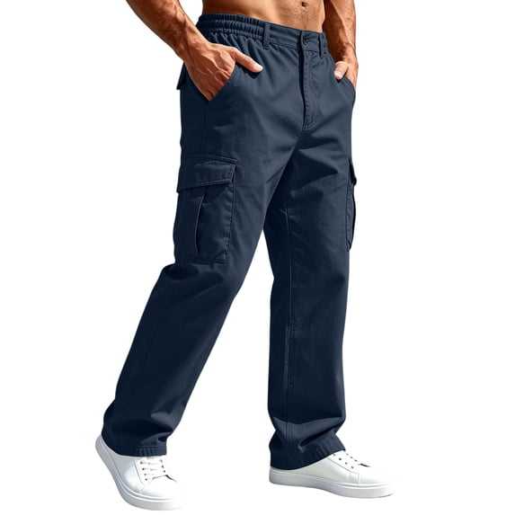 Cargo Pants for Men Elastic Waist Work Pants with Drawstring Multi Pockets Hiking Lightweight Tactical Trousers Navy 4XL