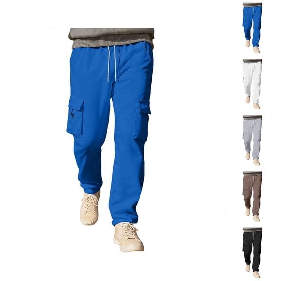 Cargo Pants for Men Fall Winter Elastic Waist Drawstring Straight Leg Casual Pants with Pockets Trousers