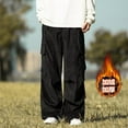 thumbnail image 1 of Cargo Pants for Men Fleece Lined Corduroy-Trousers with Multi-Pockets and Drawstring Elastic Waist Solid Color Baggy Straight Wide Leg Work Pant, 1 of 8