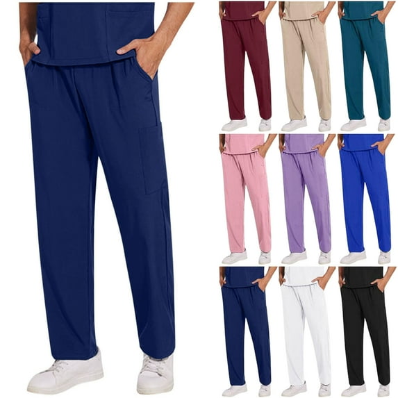 Men's Scrub Pants Solid Color Straight Barrel Draw Rope Elastic Waist Multiple Pockets Nursing Worker Pants