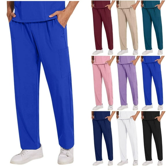 Men's Scrub Pants Solid Color Straight Barrel Draw Rope Elastic Waist Multiple Pockets Nursing Worker Pants